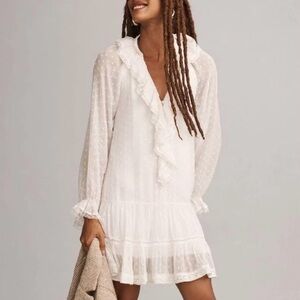 Anthropology White Long Sleeve V-Neck Ruffled Tunic Dress